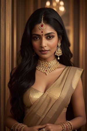 A tall, slender Indian woman with long black hair and piercing brown eyes. She is wearing a rich silk sari and jewels. She has a regal bearing and a commanding presence, but is also humble and compassionate.