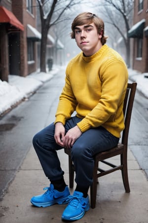 Mr. beast, yellow sweater, winter street background, blue shoes, full body, sitting on chair