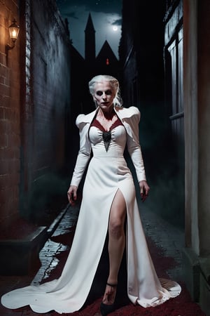 extremely detailed CG unity 8k wallpaper portrait of a vampire woman biting the viewer in a victorian back alley, white hair, 8k, night time, tan skin, mouth open, white shredded dress, crawling on ground, vampire fangs, blood dripping from mouth, dramatic lighting, by greg rutkowski, night sky, stars, full moon