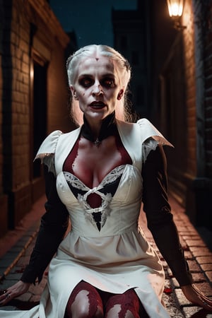 extremely detailed CG unity 8k wallpaper portrait of a vampire woman biting the viewer in a victorian back alley, white hair, 8k, night time, tan skin, mouth open, white shredded dress, crawling on ground, vampire fangs, blood dripping from mouth, dramatic lighting, by greg rutkowski, night sky, stars, full moon