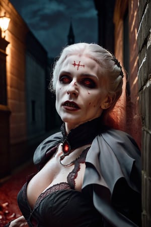 extremely detailed CG unity 8k wallpaper portrait of a vampire woman biting the viewer in a victorian back alley, white hair, 8k, night time, tan skin, mouth open, white shredded dress, crawling on ground, vampire fangs, blood dripping from mouth, dramatic lighting, by greg rutkowski, night sky, stars, full moon