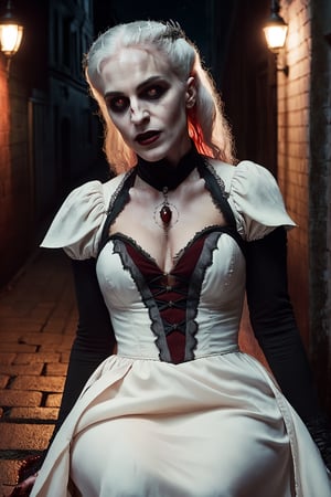 extremely detailed CG unity 8k wallpaper portrait of a vampire woman biting the viewer in a victorian back alley, white hair, 8k, night time, tan skin, mouth open, white shredded dress, crawling on ground, vampire fangs, blood dripping from mouth, dramatic lighting, by greg rutkowski, night sky, stars, full moon