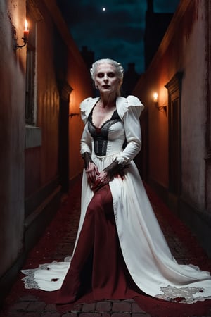 extremely detailed CG unity 8k wallpaper portrait of a vampire woman biting the viewer in a victorian back alley, white hair, 8k, night time, tan skin, mouth open, white shredded dress, crawling on ground, vampire fangs, blood dripping from mouth, dramatic lighting, by greg rutkowski, night sky, stars, full moon