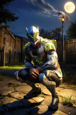 ((highest_quality)),((highest_resolution)),((highest_detail)),genji,young,man,sparks,crouched,fullmoon,midnight,realistic,hyperrealistic,