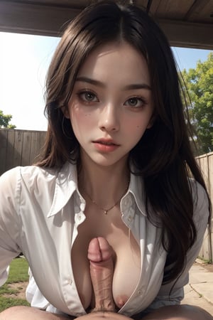 a 20 yo woman,long hair,soothing tones, muted colors, high contrast, (natural skin texture, hyperrealism, sunlight, sharp),outdoor, small boob, titfuck,z1l4,collared shirt,downblouse