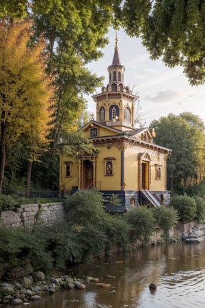 Old (Orthodox:1.4) church stands on the (river:1.4) bank, sunny morning, dawn, Indian summer, yellow and green deciduous trees. Masterpiece, DSLR, professional photo, contrast composition,nursery school