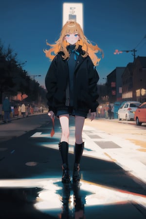 1girl, long hair, detailed face, blue background, blond hair, full body, asphalt, full body, (city:1.2), blue and black clothes, ribbon in hair, full body, black boots, solo, city, tarot artstyle, city, blue color palette, buildings, vibrant colors, dark theme, moon, asphalt floor, reflections, pale skin, asphalt, ,anime