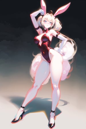 best quality, masterpiece, 1girl, big strong hips, bunny ears, (simple background:1.3), cute, curvy, bunny suit, furry bunny ears, hips, full body, large breats, wide hips, clear skin, thick hips, clean, goddess, beauty, gradient background, simple background, solo, twintails, plae skin smug anime girl, sleeveless, leotard