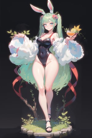 best quality, masterpiece, 1girl, big strong hips, bunny ears, (simple background:1.3), cute, curvy, one piece swimsuit, furry bunny ears, hips, full body, large breats, wide hips, clear skin, thick hips, clean, goddess, beauty, gradient background, simple background, solo, twintails, plae skin smug anime girl, garden floor, rose patterns, leaves patterns, holding cocktail drink, in a garden, roses and leaf patterns