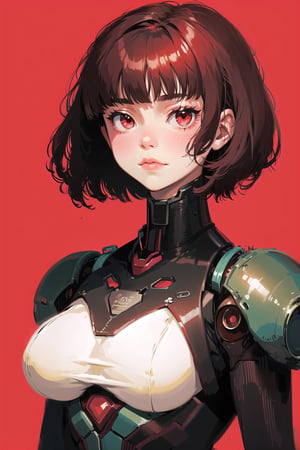 mecha, light brown, cyborg, razor cut hair, short hair, dark red hair, red eyes, simple background, solo, fringe trim, bangs, blunt bangs, 1girl, large breasts, solo