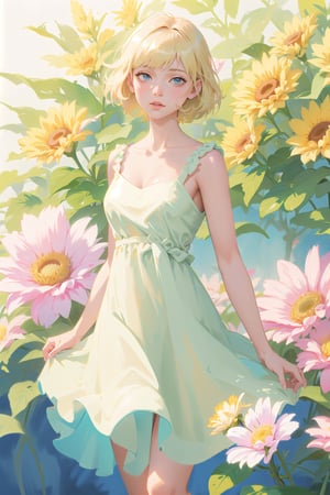 a woman with simple dress, short hair, blonde, global illumination, a photorealistic water painting, in the middle of flowers, long flowers, simple background, subsurface scattering, simple dress, (simple artwork:1.2), simple, (water color:1.2),anime
