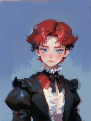 solo, 1boy, closeup, red hair, 1990s \(style\), tr90style, simple background, blue eyes, victorian, gradient background, vampire, blush, pale, sad, cute, prince, flat-artstyle, highres, high quality, masterpiece, subsurface scattering, full body, male focus, 