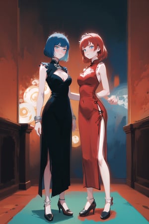 (Best quality:1.3), 2 goddesses, full body, large breasts, cleavage, foot bracelet, standing, chinese dress, sleeveless red chinese dress, blue vs red, 2girls, half blue half red, dark theme, (dichotomy:1.1), good and evil, 2 girls, split in half, two halves, left side red right side blue, red hair, blue hair, red and blue, red vs blue, mirrored, split, split-half, looking at viewer, 2 girls, ying and yang, shoes, dramatic lighting, room split in two, two sides
