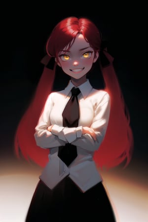 1girl,  solo,  long hair,  looking at viewer,  grin,  simple background,  twintails,  (red hair:1.3),  black_hair_tie,  bow hair tie,  (solo:1.2),  (black_background:1.2),  crossed arms, yellow eyes, ribbon tie, glossy, saturated, contrast, strong colors, (simple background:1.2), gradient background, black skirt, white collared shirt, dramatic lighting