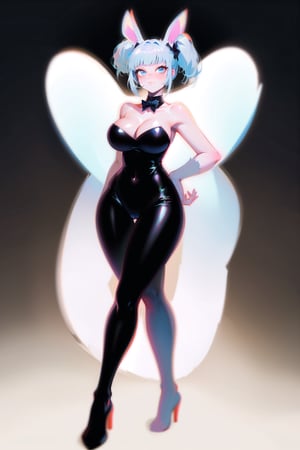 best quality, masterpiece, 1girl, big strong hips, bunny ears, (simple background:1.3), cute, curvy, bunny suit, furry bunny ears, hips, full body, large breats, wide hips, clear skin, thick hips, clean, goddess, beauty, gradient background, simple background, solo, twintails, plae skin smug anime girl, sleeveless, leotard, huge breasts, short hair