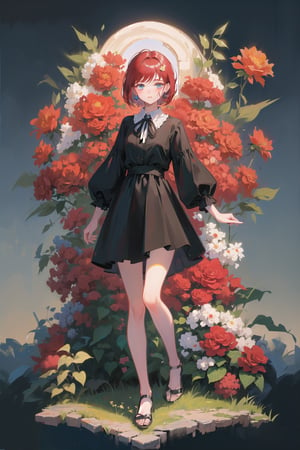 female, (masterpiece,  best quality,  ultra detailed,  absurdres)1.5, white shirt black dress neck ribbon, 1girl short hair, (simple background:.12),  red hair,  bangs,  looking_at_viewer, garden, grass, roses and leaves, gradient background, full body