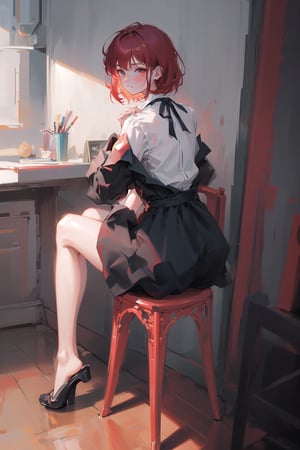 female, (masterpiece,  best quality,  ultra detailed,  absurdres)1.5, white shirt black dress neck ribbon, 1girl short hair, demonictech,  red hair,  bangs,  sitting,  from_behind,  looking_at_viewer