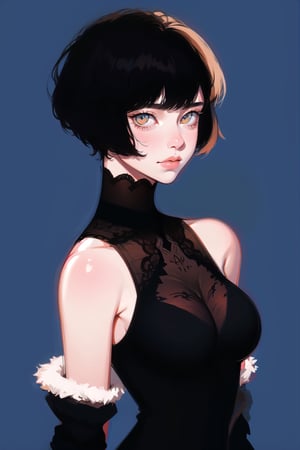 1girl, short hair, upper body, detailed, simple background, large breasts, bare shoulders, sleeveless, black hair, best quality, masterpiece, cowboy shot, intricate design, black victorian dress