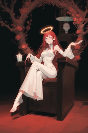Goddess, red hair, white chinese dress, gradient background, large breasts, 1girl, solo, best quality, masterpiece, black background, full body, tarot_style, heavenly, aura, godess, detailed dress, motif, intricate dress design, chinese, simple white dress, sleeveless chinese dress, barefoot, black foot bracelet, simple background, sitting in heaven, vines, roses, leaves, tree, mature, calm, serenity, empress, goddess being worshipped, resting, extremely beautiful, beauty, vibrant red hair, glowing, large breasts, feet, perfect woman, tori gate, halo, resting, leaves, dangling feet, high, sitting, In the grandeur of the vampire queen's throne room, darkness reigns supreme, ancient power. Massive obsidian pillars, crimson-carpeted aisle, ornate ebony throne. throne with sinister motifs and intricate patterns. high back throne. The seat is draped in velvety, blood-red fabric, bearing the embroidered crest of the vampire queen. the queen, she sits with regal poise, her figure wrapped in a gown of flowing silk. dim light. The queen's long, hair cascades down her shoulders in elegant waves. flawless skin, eyes with a mesmerizing shade of crimson, radiate an otherworldly intensity. The throne room is bathed in a dim, ethereal glow. The flickering candlelight casts eerie shadows. eyes ablaze with a predatory crimson. immortal ruler. detailed painting, from the queen's attire to the menacing beauty, aura of dark elegance, ruler of the underworld, sitting in dimly lit corner, wearing a black turtleneck, with black latex pants and boots, best quality, masterpiece, light rays, grin, black colored sclera,