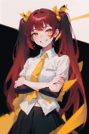 1girl,  solo,  long hair,  looking at viewer,  grin,  simple background,  twintails,  (red hair:1.3),  black_hair_tie,  bow hair tie,  (solo:1.2),  (black_background:1.2),  crossed arms, yellow eyes, ribbon tie, glossy, (saturated:1.1), contrast, (strong colors:1.1), (simple background:1.2), gradient background, black skirt, white collared shirt, dramatic lighting