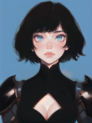 1girl, short hair, upper body, detailed face, simple background, blue background, dress, cleavage, black armor