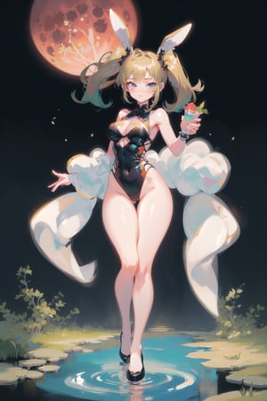 best quality, masterpiece, 1girl, big strong hips, bunny ears, (simple background:1.3), cute, curvy, one piece swimsuit, furry bunny ears, hips, full body, large breats, wide hips, clear skin, thick hips, clean, goddess, beauty, gradient background, simple background, solo, twintails, plae skin smug anime girl, garden floor, rose patterns, leaves patterns, holding cocktail drink, in a garden, roses and leaf patterns, grass, standing in a garden, pond, stone  water, wading, red moon, full moon, pokemon