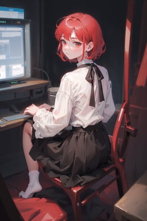 female, (masterpiece,  best quality,  ultra detailed,  absurdres)1.5, white shirt black dress neck ribbon, 1girl short hair, demonictech,  red hair,  bangs,  sitting,  from_behind,  looking_at_viewer