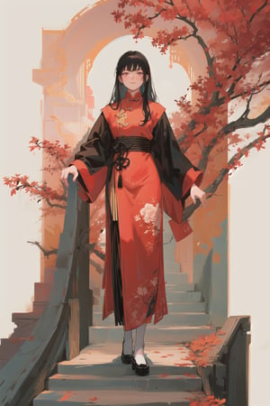 (Long black hair), vibrant color palette, leaves and roses, vine patterns, tarot card style, solo, (old chinese architecture), full body, detailed, standing infront of chinese palace garden, building, intricate design, leaves and vines, outdoors, china cityscape, trees, traditional, traditional chinese dress, red leaves, low angle, best quality art, bridge, best anatomy, best art, best composition, best form