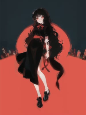 long black shiny hair,  ((wavy hair)),  red eyes,  1girl,  teenager,  city,  red and black clothes,  ribbon in hair,  full body