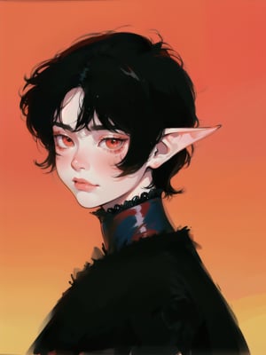 solo, 1boy, closeup, black hair, 1990s \(style\), tr90style, simple background, red eyes, victorian, gradient background, vampire, blush, pale, sad, cute, elf ears, flat-artstyle, highres, high quality, masterpiece, subsurface scattering, upper body, male focus, 