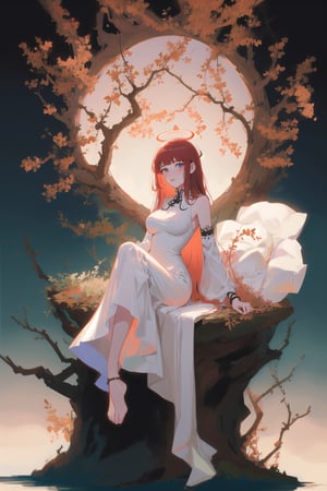 Goddess, red hair, white chinese dress, gradient background, large breasts, 1girl, solo, best quality, masterpiece, black background, full body, tarot_style, heavenly, aura, godess, detailed dress, motif, intricate dress design, chinese, simple white dress, sleeveless chinese dress, barefoot, black foot bracelet, simple background, sitting in heaven, vines, roses, leaves, tree, mature, calm, serenity, empress, goddess being worshipped, resting, extremely beautiful, beauty, vibrant red hair, glowing, large breasts, feet, perfect woman, tori gate, halo, resting,