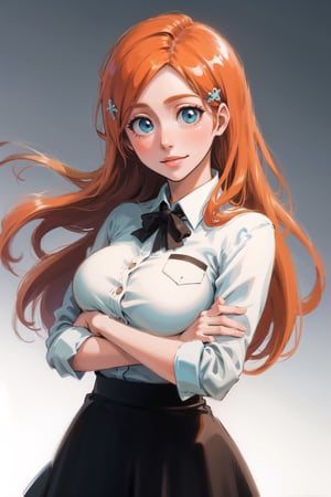 1girl, simple background, beautiful, long hair, long skirt, collared shirt, cute, orihime, orange hair, ginger, large breasts, hair clip, hair ornament, crossed arms, cute, clear eyes, smile, looking at viewer, black skirt, cyan collared shirt, chubby