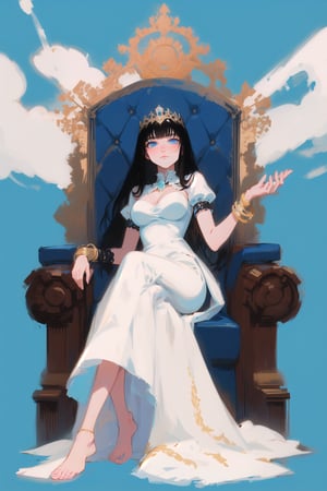 Goddess resting on her throne, calm, blue colors, simple white dress, black hair, big throne, heaven, aura, clouds, sky, jewelery, bracelet, bored goddess, barefoot, resting in big throne, large breasts, simple dress, full body, 1girl, long hair, blue eyes, imposing, large throne, black bracelets, tarot card, shadows and highlights, sharp, detailed, intricate patterns,