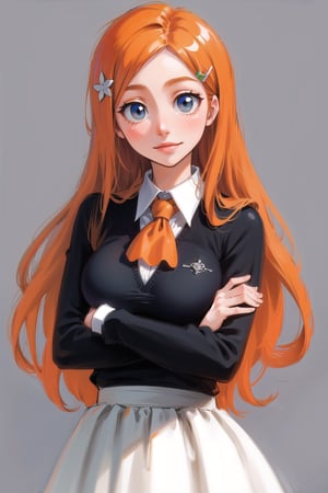 1girl, simple background, beautiful, long hair, long skirt, collared shirt, cute, orihime, orange hair, ginger, large breasts, hair clip, hair ornament, crossed arms, cute, clear eyes, smile, looking at viewer, 3 quarters shot, chubby