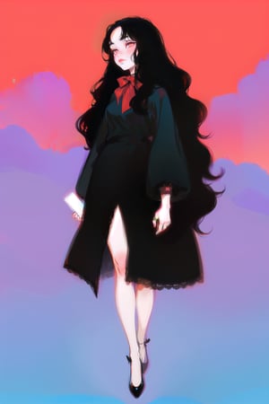 long black shiny hair,  ((wavy hair)),  red eyes,  1girl,  teenager,  city,  red and black clothes,  ribbon in hair,  full body