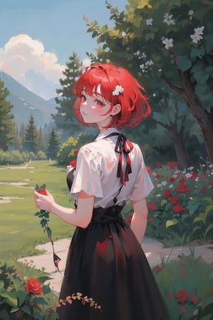 female, (masterpiece,  best quality,  ultra detailed,  absurdres)1.5, white shirt black dress neck ribbon, 1girl short hair, demonictech,  red hair,  bangs,  from behind,  looking_at_viewer, garden, grass, roses and leaves,