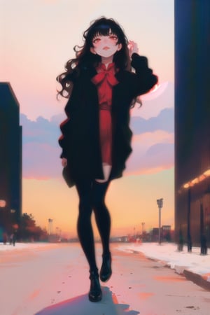 long black shiny hair,  ((wavy hair)),  red eyes,  1girl,  teenager,  city,  red and black clothes,  ribbon in hair,  full body