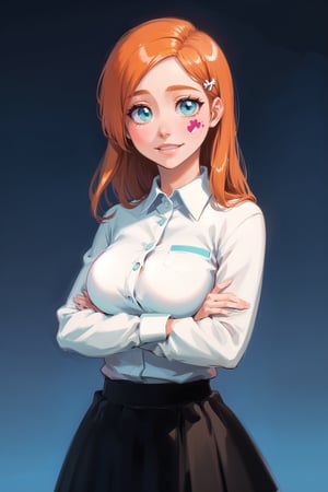 1girl, simple background, beautiful, long hair, long skirt, collared shirt, cute, orihime, orange hair, ginger, large breasts, hair clip, hair ornament, crossed arms, cute, clear eyes, smile, looking at viewer, black skirt, cyan collared shirt, chubby