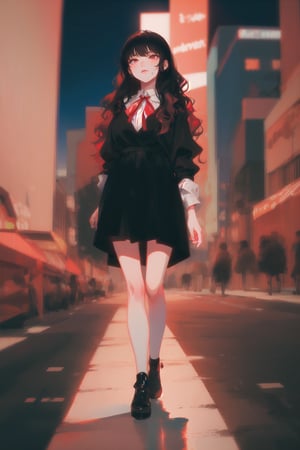 long black shiny hair,  ((wavy hair)),  red eyes,  1girl,  teenager,  city,  red and black clothes,  ribbon in hair,  full body