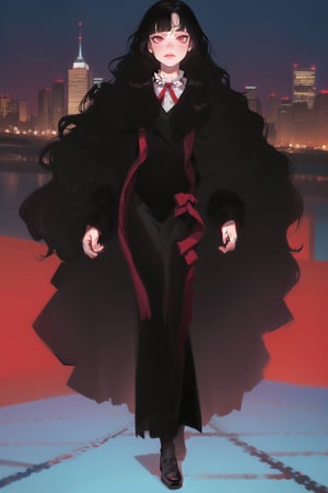 long black shiny hair,  ((wavy hair)),  red eyes,  1girl,  teenager,  city,  red and black clothes,  ribbon in hair,  full body