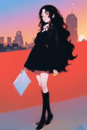 long black shiny hair,  ((wavy hair)),  red eyes,  1girl,  teenager,  city,  red and black clothes,  ribbon in hair,  full body