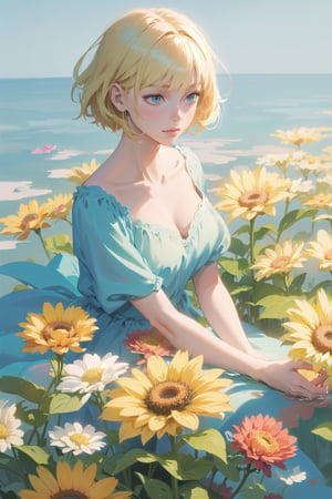 a woman with simple dress, short hair, blonde, global illumination, a photorealistic water painting, in the middle of flowers, long flowers, simple background, subsurface scattering, simple dress, (simple artwork:1.2), simple, (water color:1.2),anime