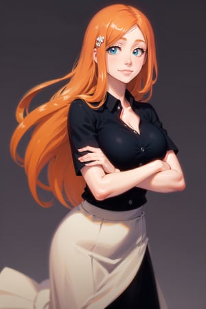 1girl, simple background, beautiful, long hair, long skirt, collared shirt, cute, orihime, orange hair, ginger, large breasts, hair clip, hair ornament, crossed arms, cute, clear eyes, smile, looking at viewer, black skirt, cyan collared shirt, chubby