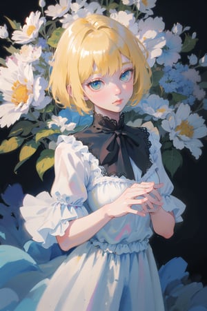 a woman with simple dress, short hair, blonde, global illumination, a photorealistic water painting, in the middle of flowers, long flowers, simple background, subsurface scattering, simple dress, (simple artwork:1.2), simple, (water color:1.2)