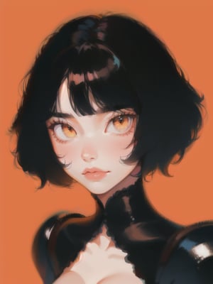 1girl, short hair, upper body, detailed face, simple background, orange background, dress, cleavage, black armor