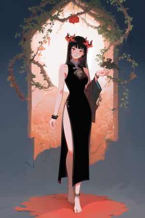 (high quality:1.3), full body, red stocking, large breasts, black bracelet, (sleeveless chinese dress:1.3), Goddess in white dress, black hair, long hair, large breasts, foot bracelet, barefoot, full body, black bracelet, simple background, garden, vines and leaves, trees, standing, chinese_clothes, dress patterns, black wings, demon horns, red horns, gradient colors, vivid colors, Goddess in white dress, black hair, long hair, large breasts, foot bracelet, barefoot, full body, black bracelet, simple background, garden, vines and leaves, trees, standing,anime