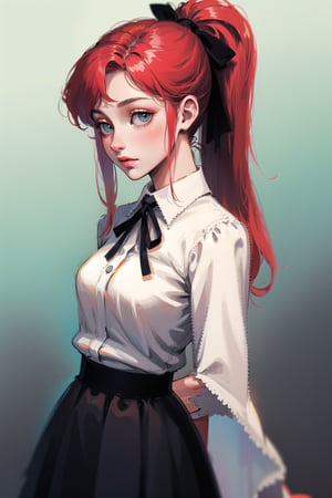 Victorian vampire, cute, (simple background:1.2), gradient background, red hair, long hair, solo female, cowboy shot, black skirt, white collared shirt, victorian, ribbon, arms behind back, ponytail,