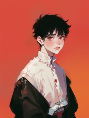 solo, 1boy, closeup, white shirt, black hair, 1990s \(style\), tr90style, simple background, red eyes, victorian, gradient background, vampire, blush, pale, sad