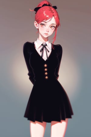 Victorian vampire, cute, (simple background:1.2), gradient background, red hair, long hair, solo female, cowboy shot, black skirt, white collared shirt, victorian, ribbon, arms behind back, ponytail,