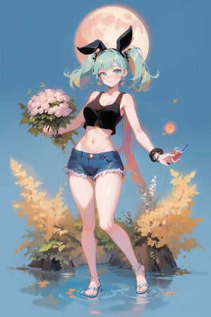 best quality, masterpiece, 1girl, big strong hips, bunny ears, (simple background:1.3), cute, curvy, white tanktop crop top and blue shorts, furry bunny ears, hips, full body, large breats, wide hips, clear skin, thick hips, clean, goddess, beauty, gradient background, simple background, solo, twintails, plae skin smug anime girl, garden floor, rose patterns, leaves patterns, holding cocktail drink, in a garden, roses and leaf patterns, grass, standing in a garden, pond, stone  water, wading, red moon, full moon, pokemon, wearing blue swim short and white tanktop, (sleevless:1.2), black bracelets, bangles, tarot artstyle, 